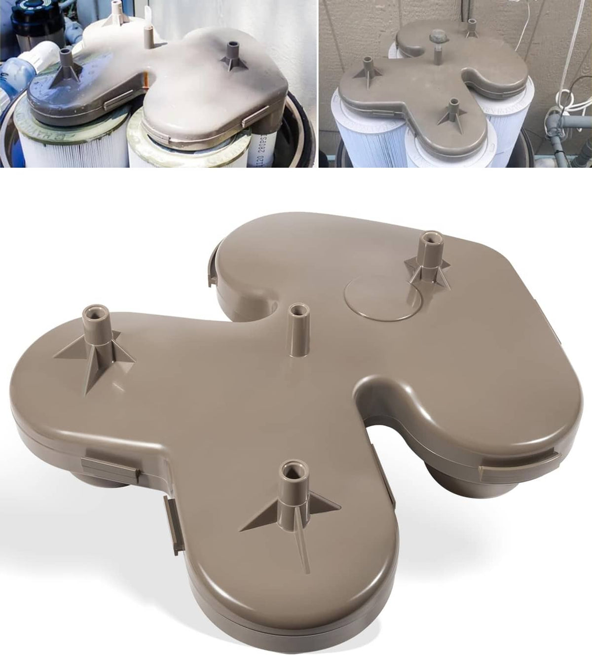 Gray plastic pool filter top manifold replacement with multiple inlet ports and handle