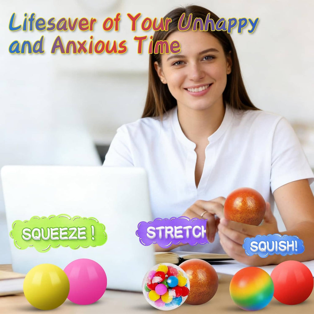 Smiley face squishy stress balls in mixed colors, including orange and red balls