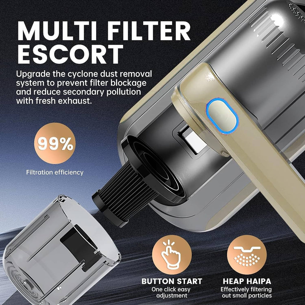 Multi-filter mattress vacuum unit with golden beige top and visible intake port