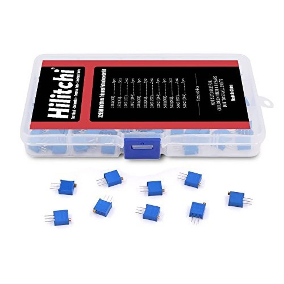 Multiturn trimmer potentiometers loose with blue parts and three-pin leads in case