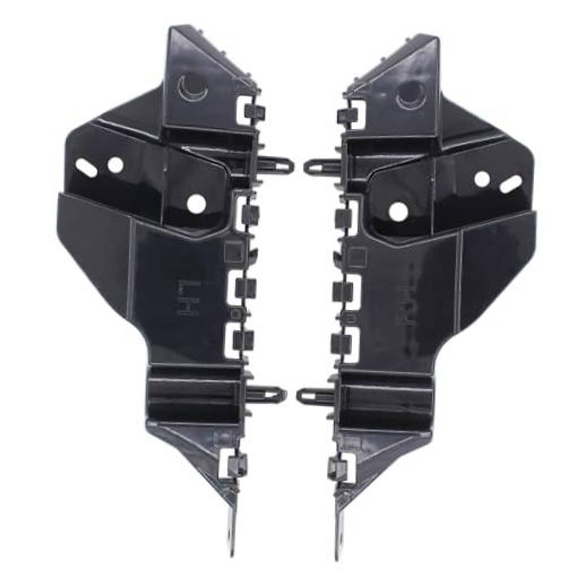 Set of 2 black front bumper bracket retainers with mounting hooks and holes
