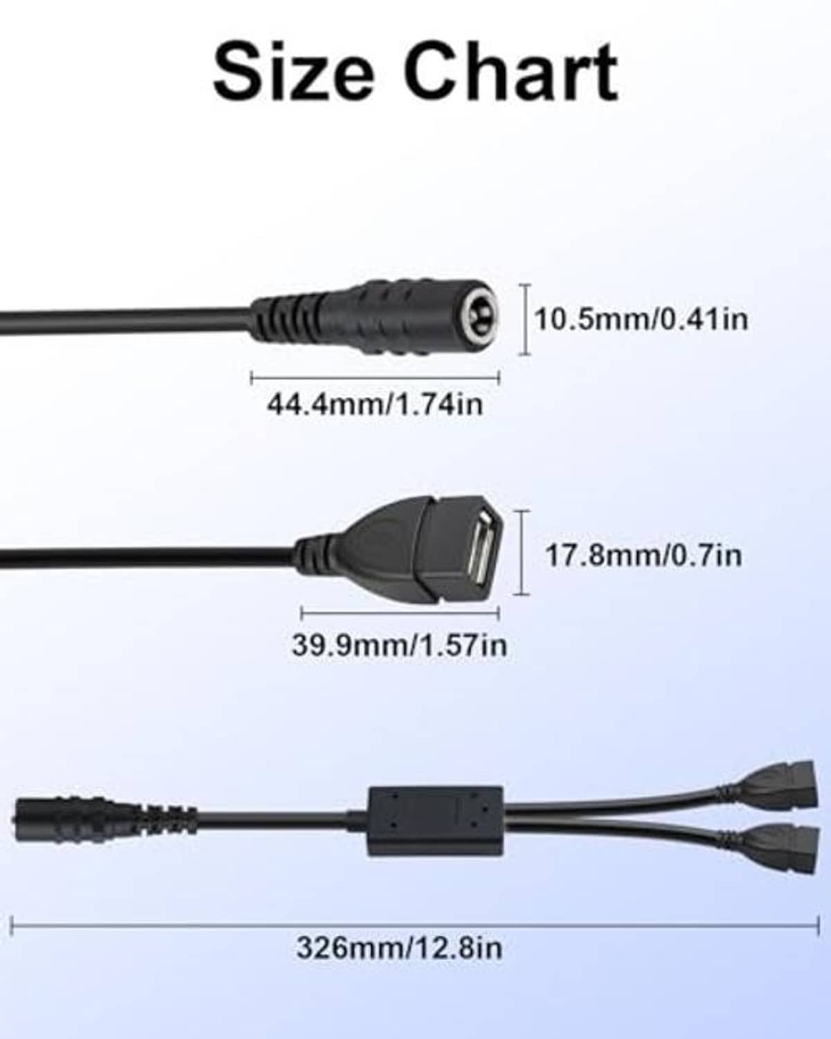 Buck converter lead length size chart with dual USB and 5.5x2.1mm barrel connectors