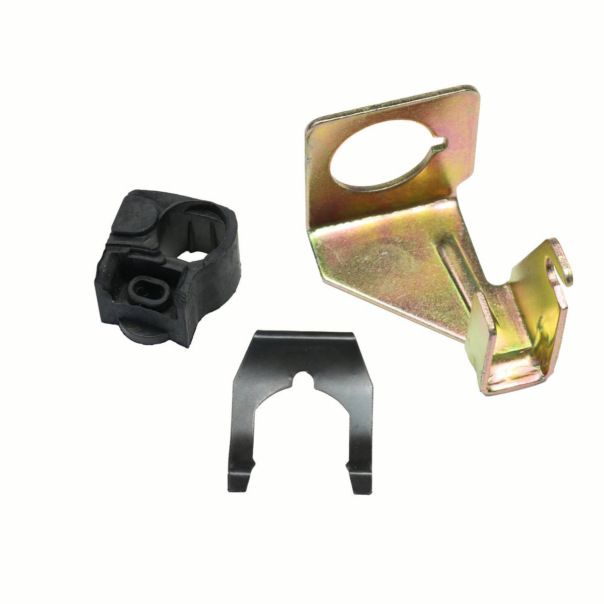 Ignition switch mounting hardware kit with metal bracket, black clamp and clips