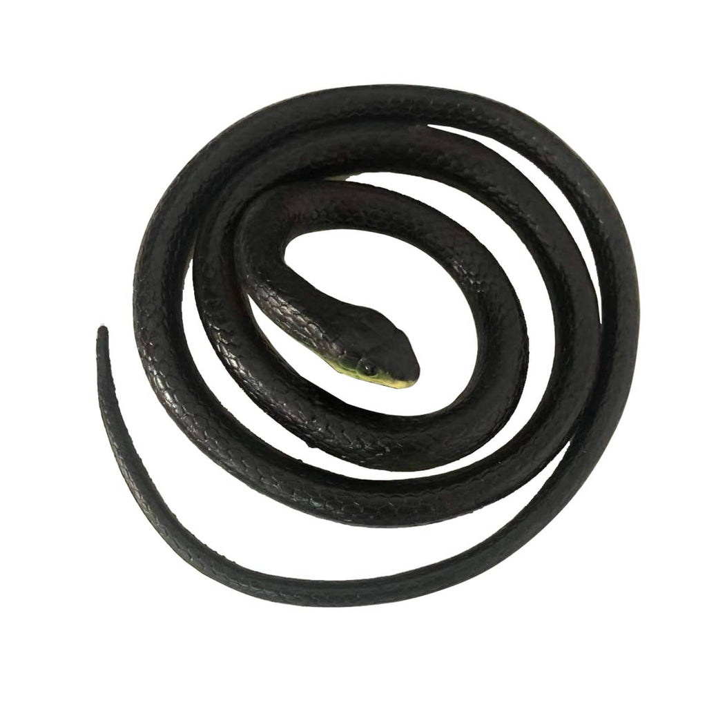 Black rubber toy snake coiled in a spiral with small lifelike head