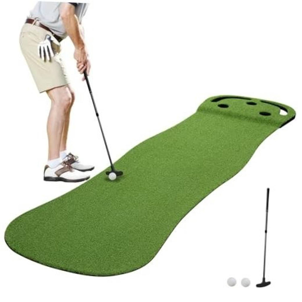 Green artificial turf putting green mat with cup holes and golf ball on putter