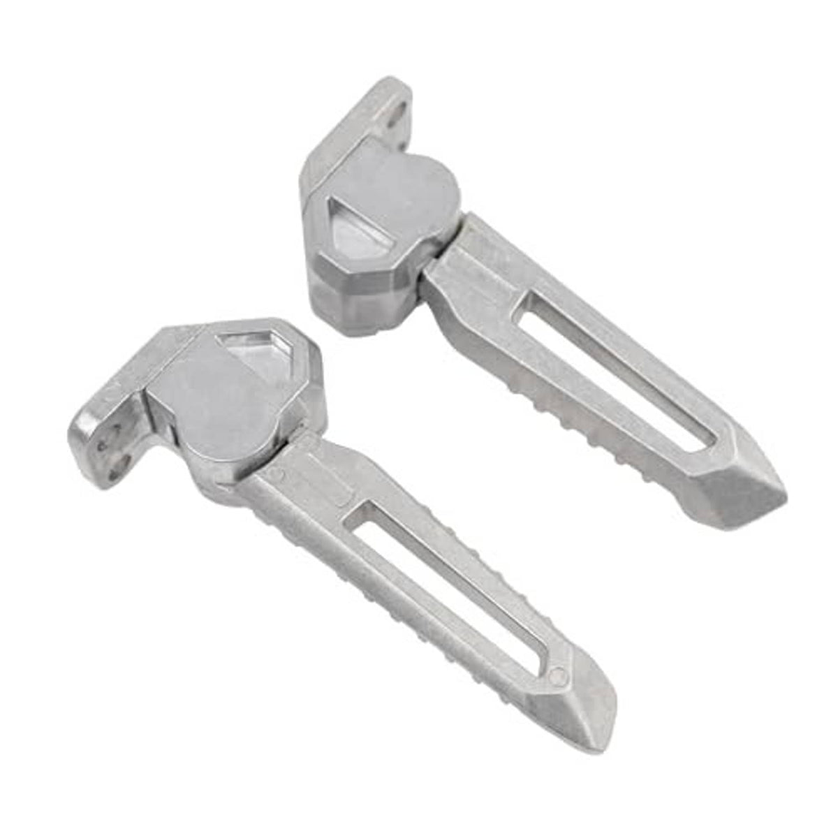 Silver folding motorcycle footpegs with hex bolts and ridged non-slip surface