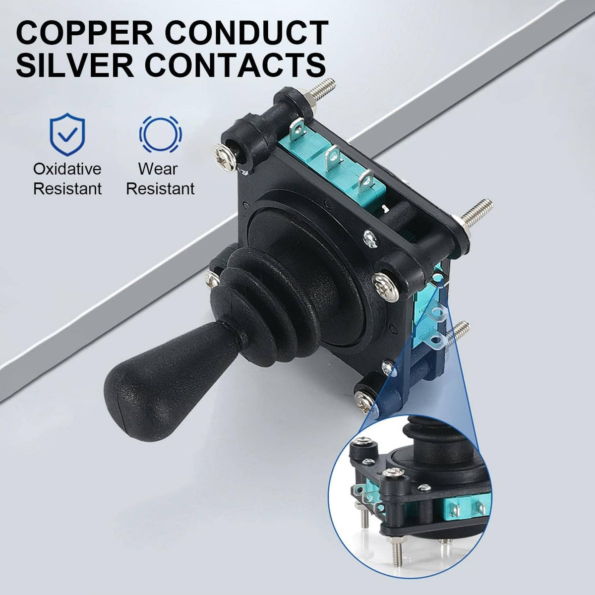 Black joystick switch with teal contact board and silver contact terminals