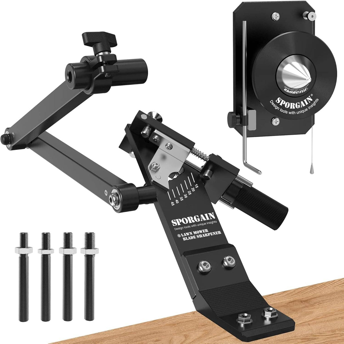 Lawn mower blade sharpener and balancer tool with adjustable angle arm, black; includes screws