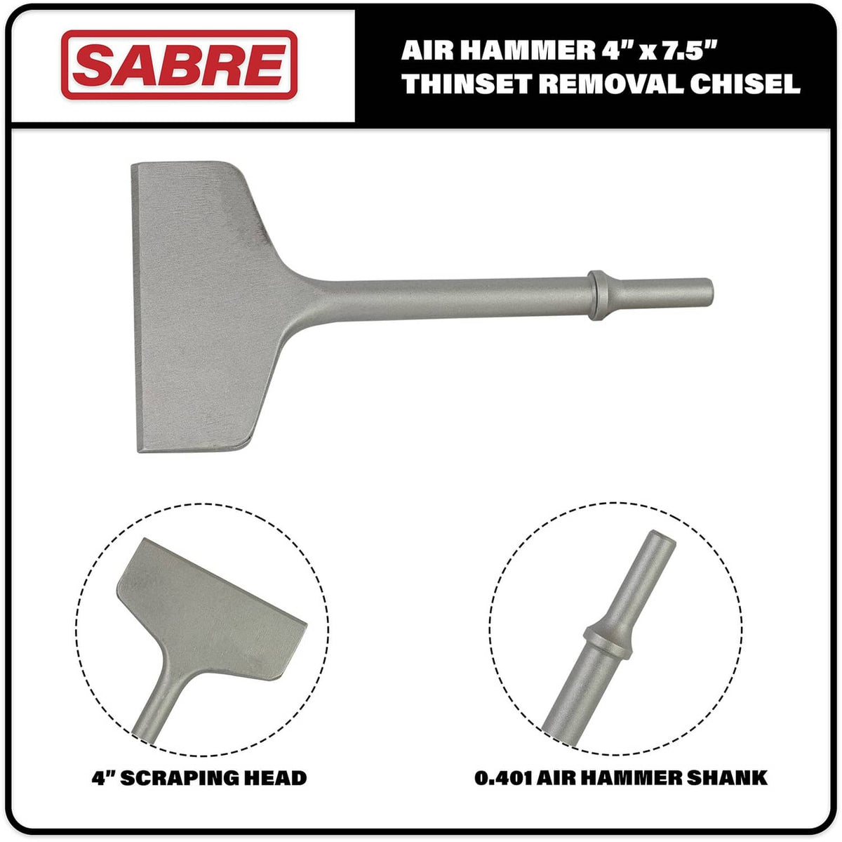 Sabre Tools air hammer chisel bit, side view showing scraping head and shank
