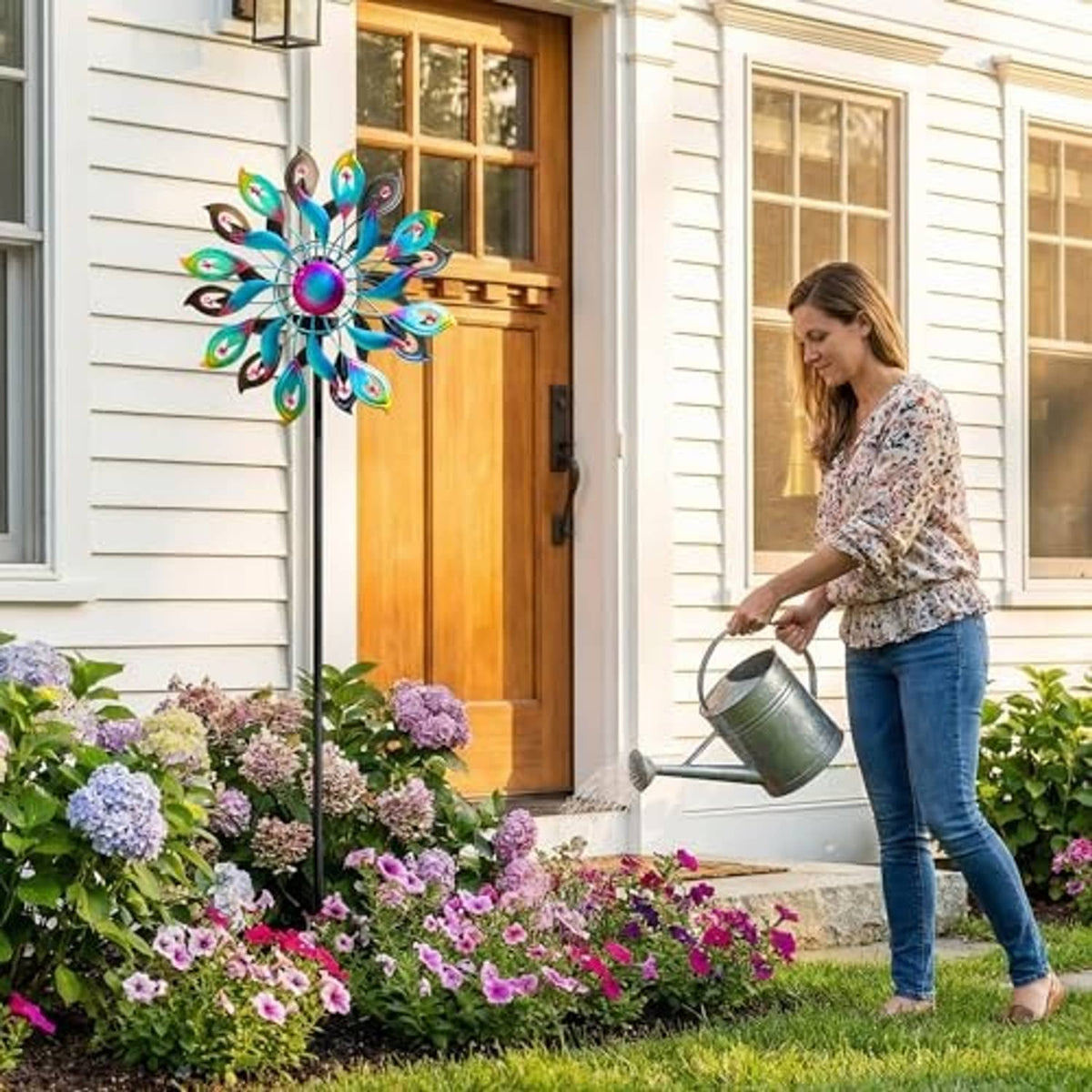 Peacock solar wind spinner installed beside flowers near a front porch on a metal stake