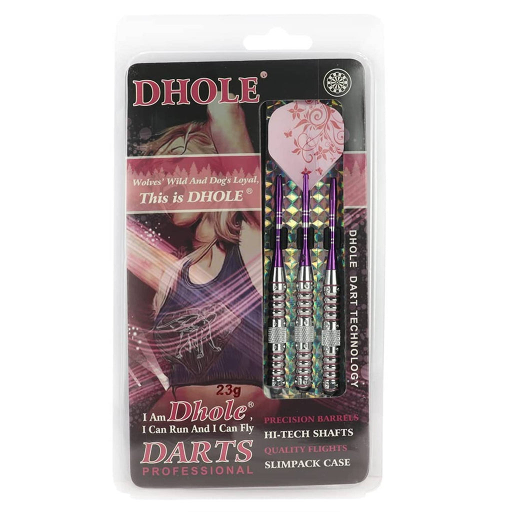 Dart set blister pack showing 3 darts with pink flights and steel tips