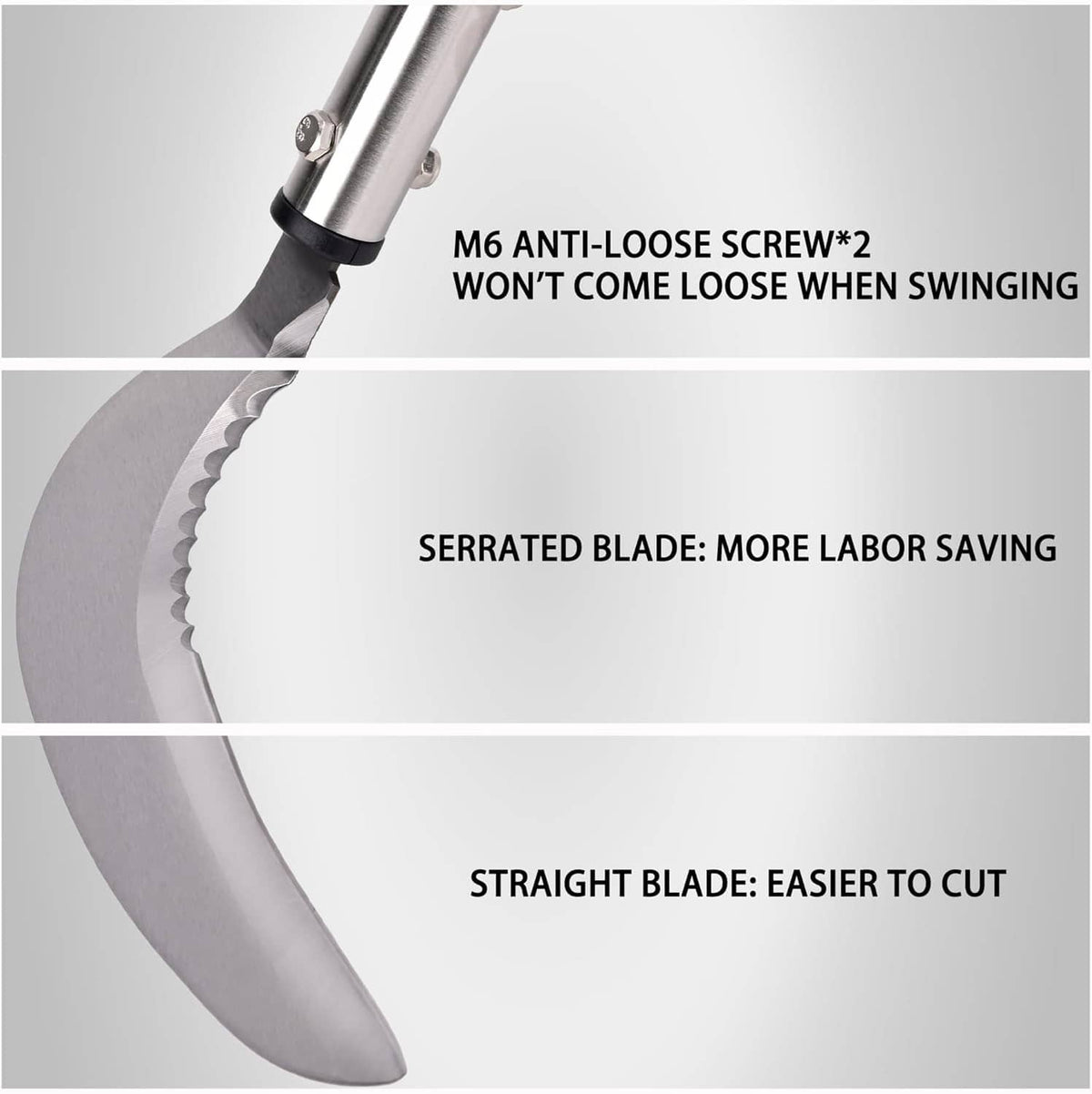 Curved steel weeding blade with serrated edge and secure collar joint