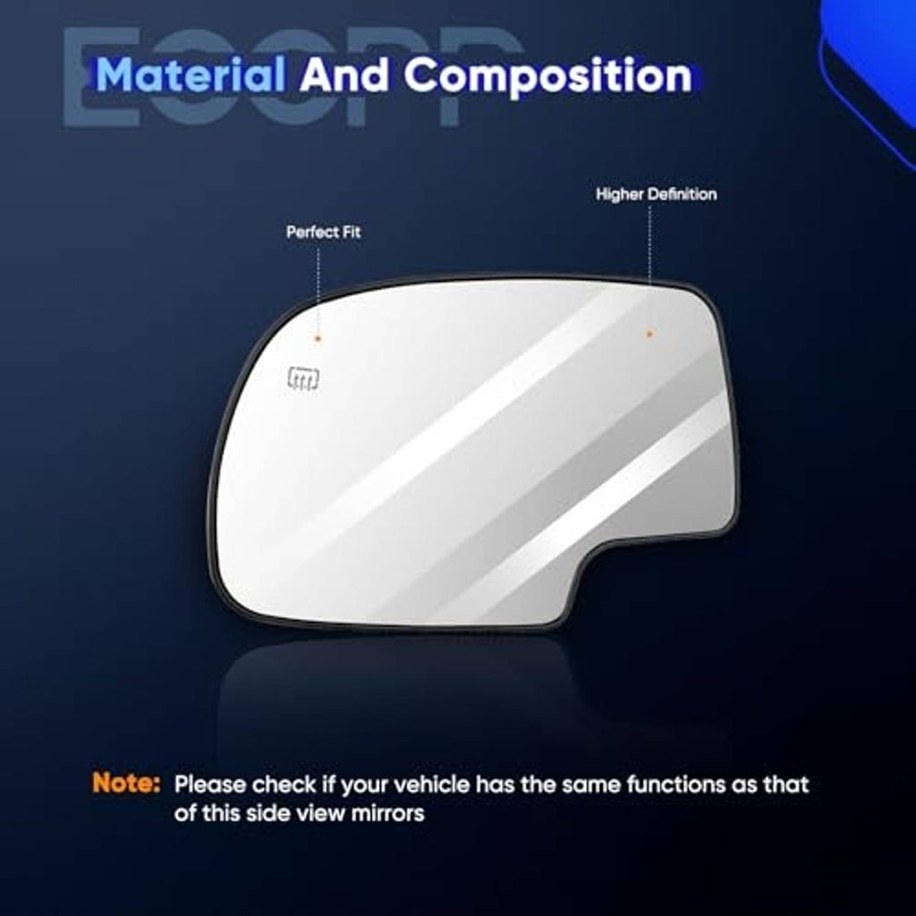 Heated exterior side mirror with black border and reflective glass panel