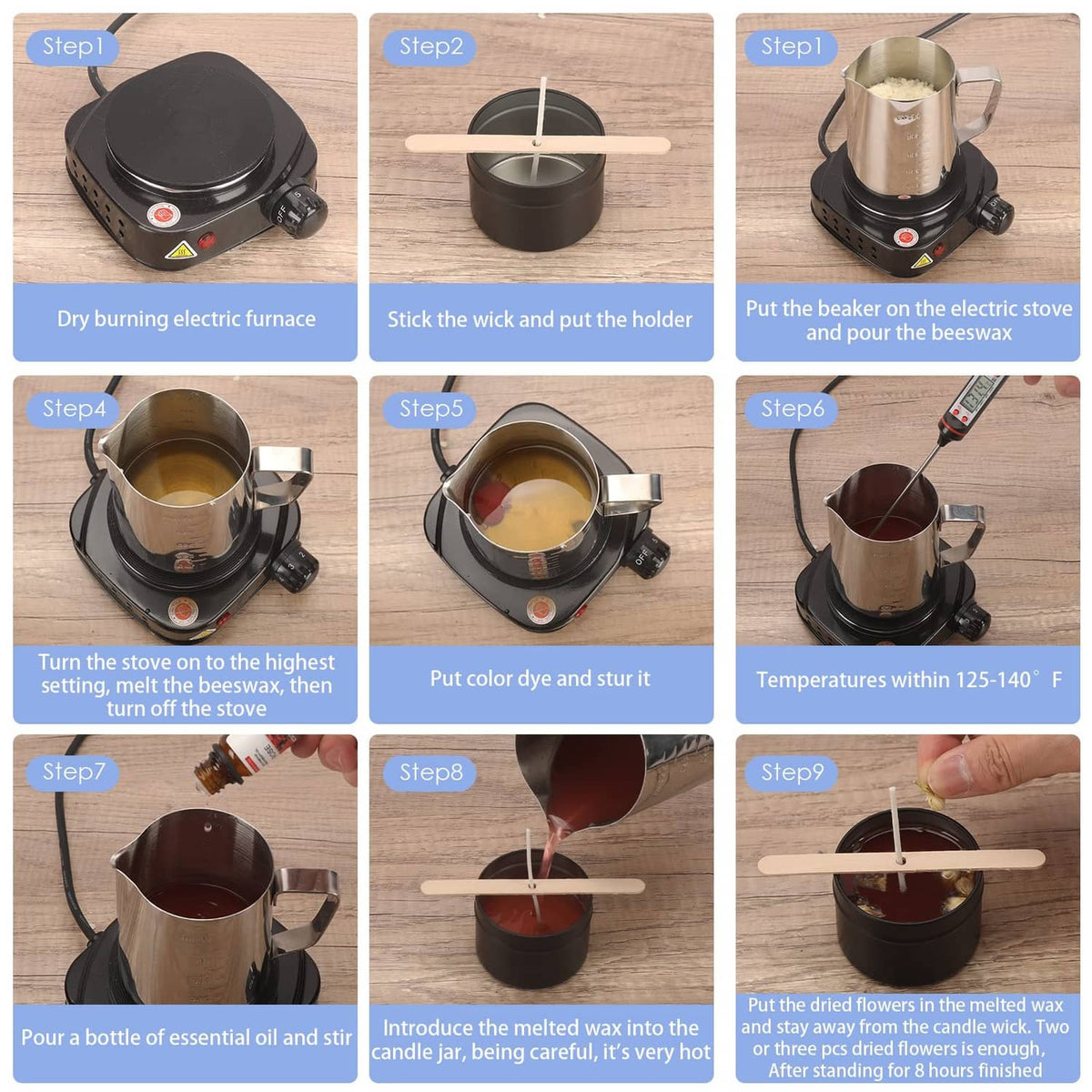 Candle making steps: electric wax melter with beaker, wick holder and poured wax