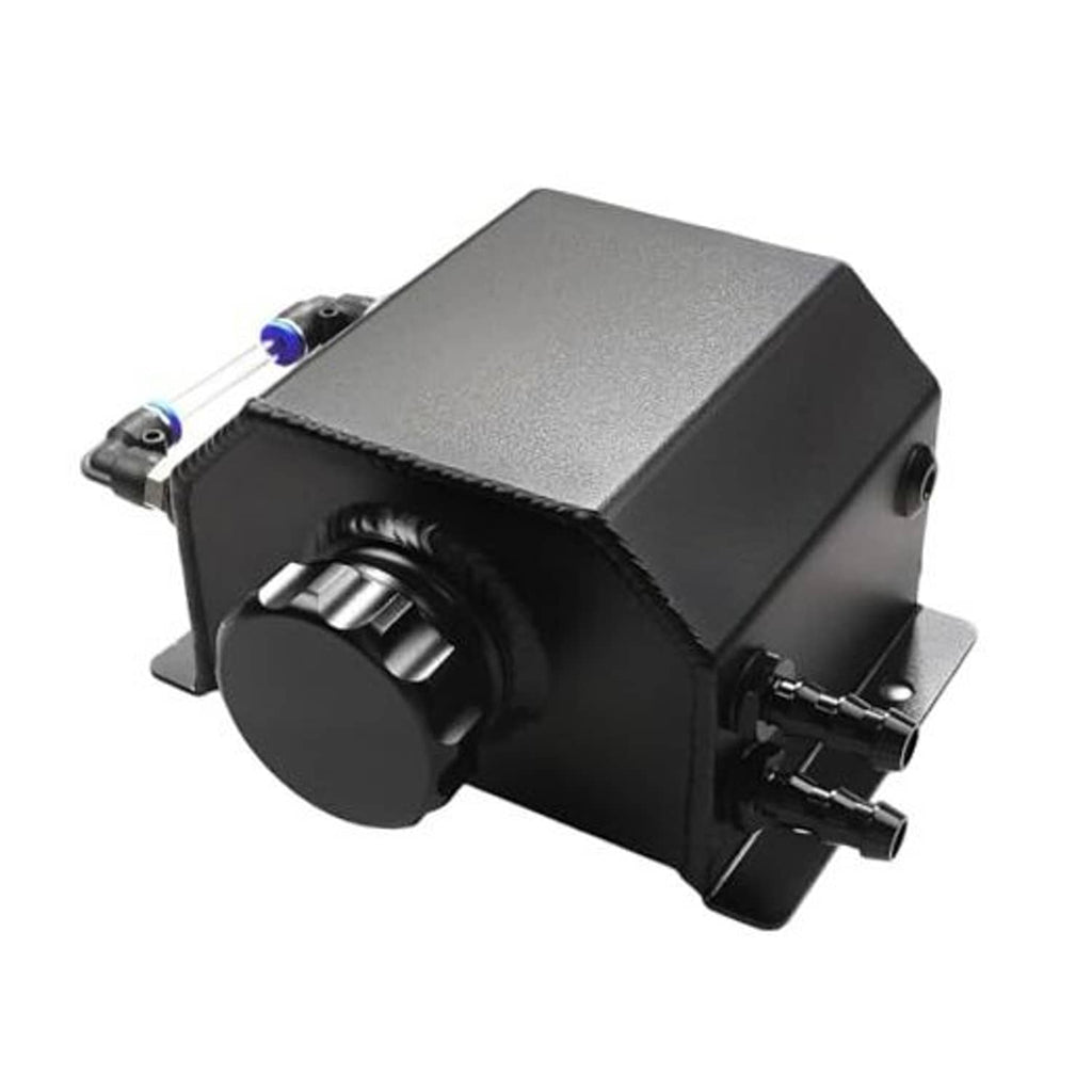 Black coolant overflow recovery tank with round cap and side mounting bracket
