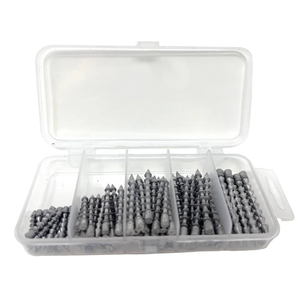 Lead nail weights kit in open clear plastic organizer with rows of gray metal nails