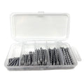 Lead nail weights kit in open clear plastic organizer with rows of gray metal nails