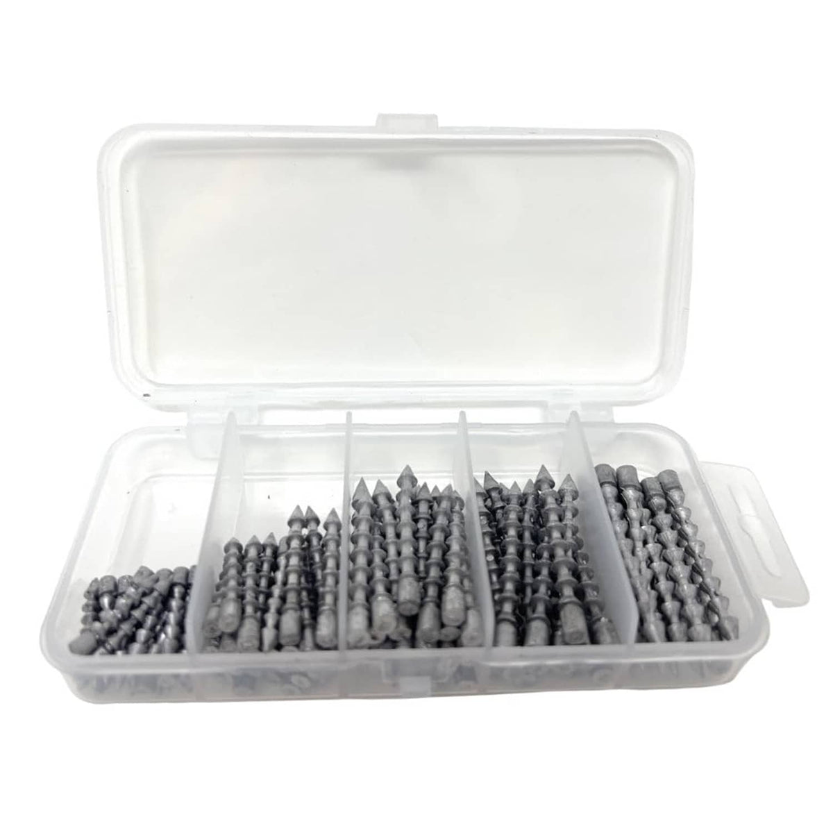 Lead nail weights kit in open clear plastic organizer with rows of gray metal nails