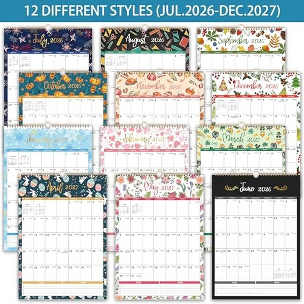 Set of 12 wall calendars in different styles, each with spiral binding and dated grid pages