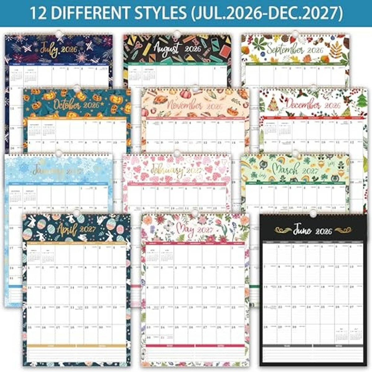 Set of 12 wall calendars in different styles, each with spiral binding and dated grid pages