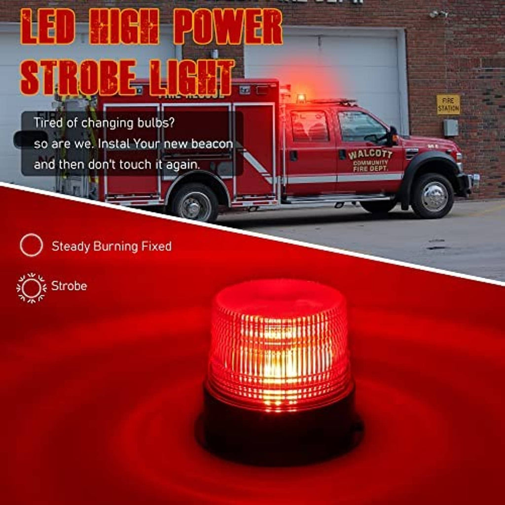 Red LED strobe beacon light glowing, with steady and strobe mode shown