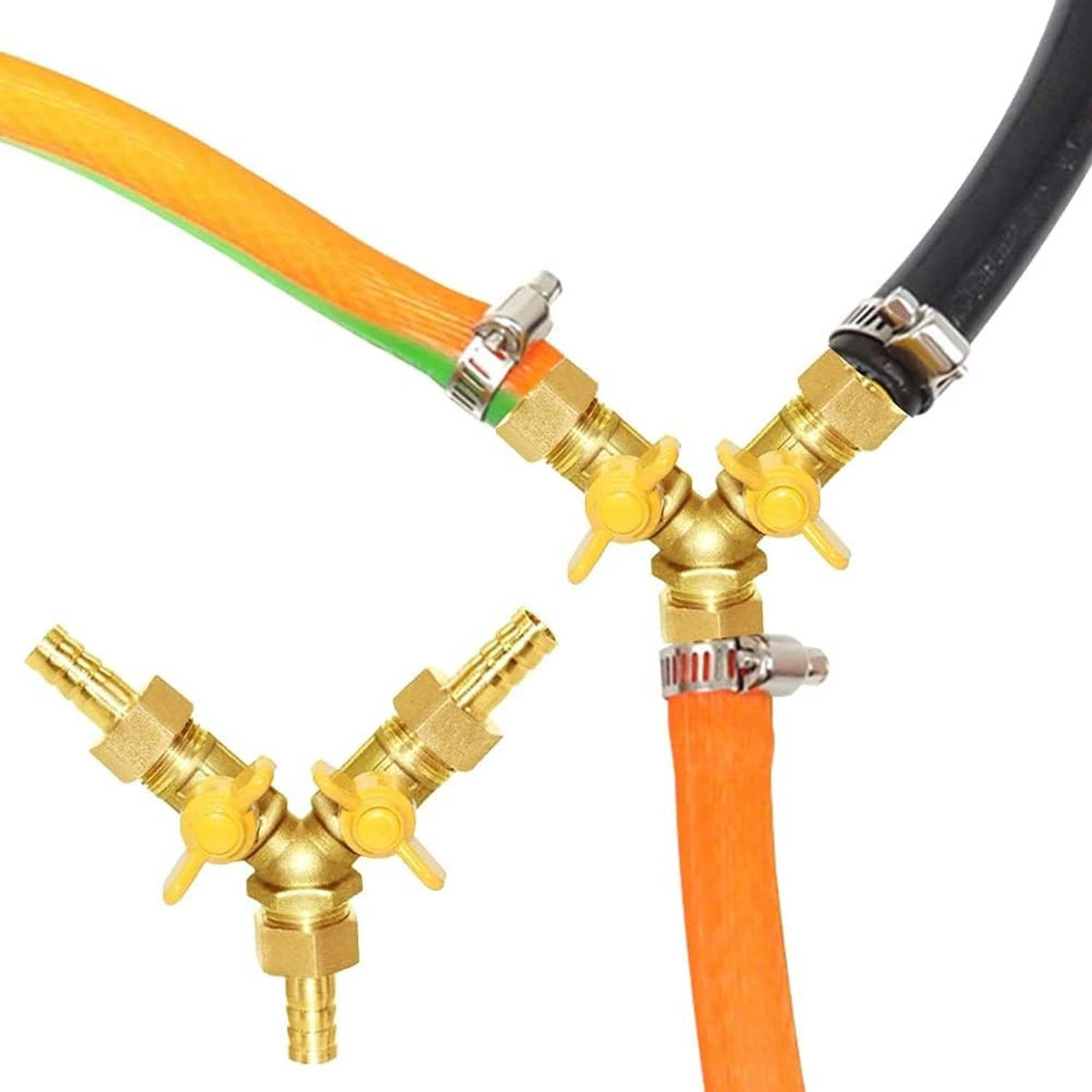 Brass 3-way hose Y ball valve with yellow levers connecting three hoses