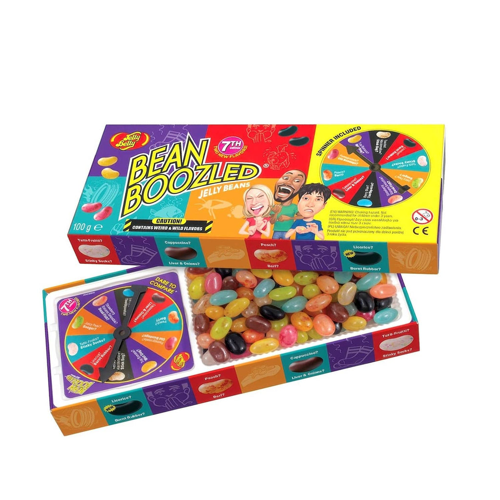 Jelly Belly Bean Boozled gift box with colorful spinning wheel and jelly bean mix.