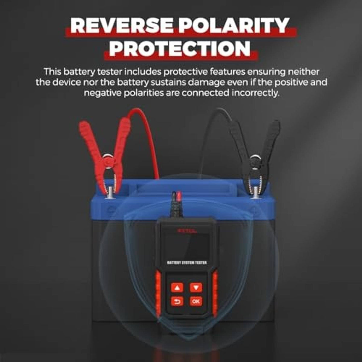 Battery tester showing reverse polarity protection with red and black clamps