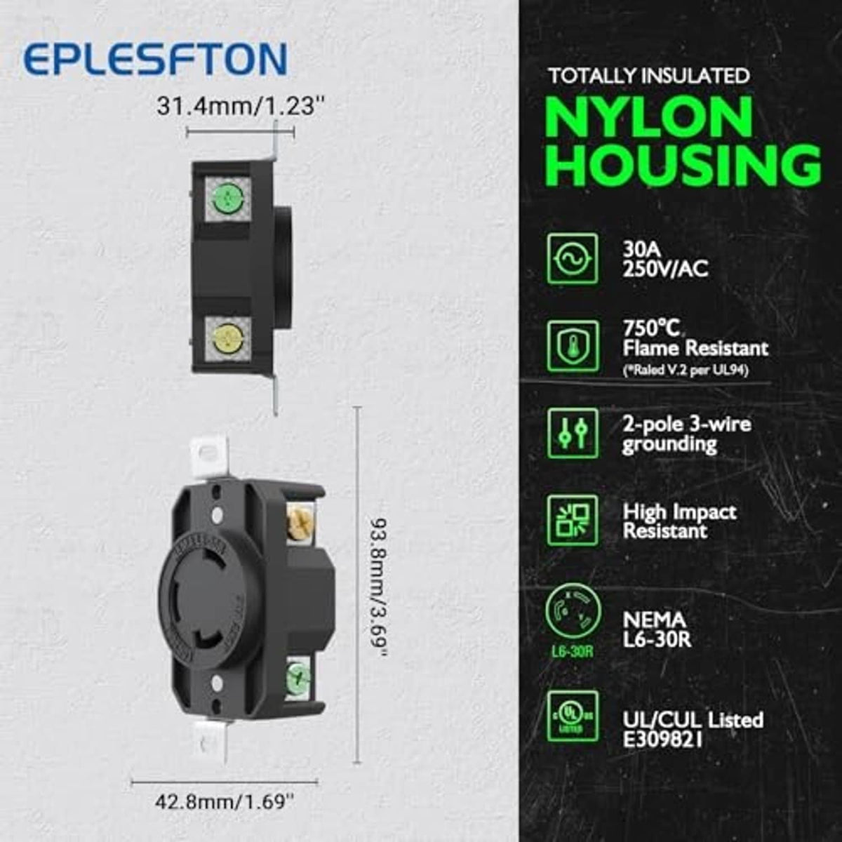 Black NEMA L6-30R locking receptacle with green ground contact and brass terminal