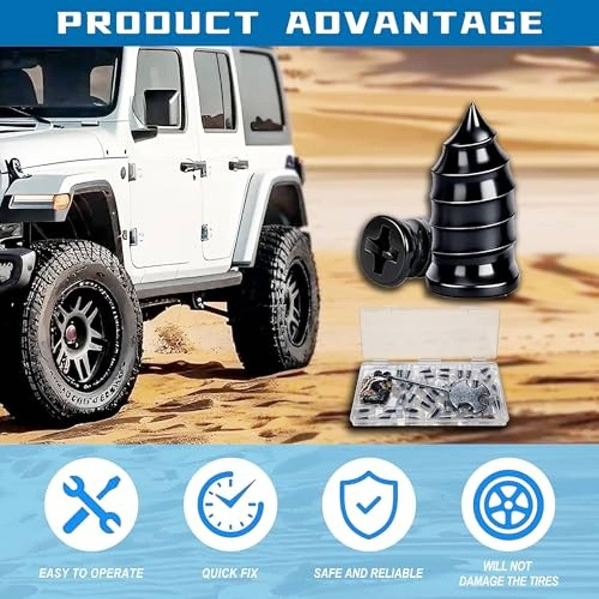 3-in-1 tire plug kit with screw-in rubber plugs, valve core tools, and insertion handle
