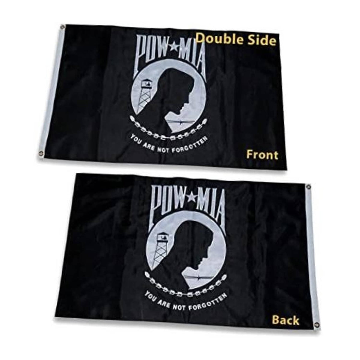 Black POW*MIA double-sided embroidered outdoor flag, front view with grommets
