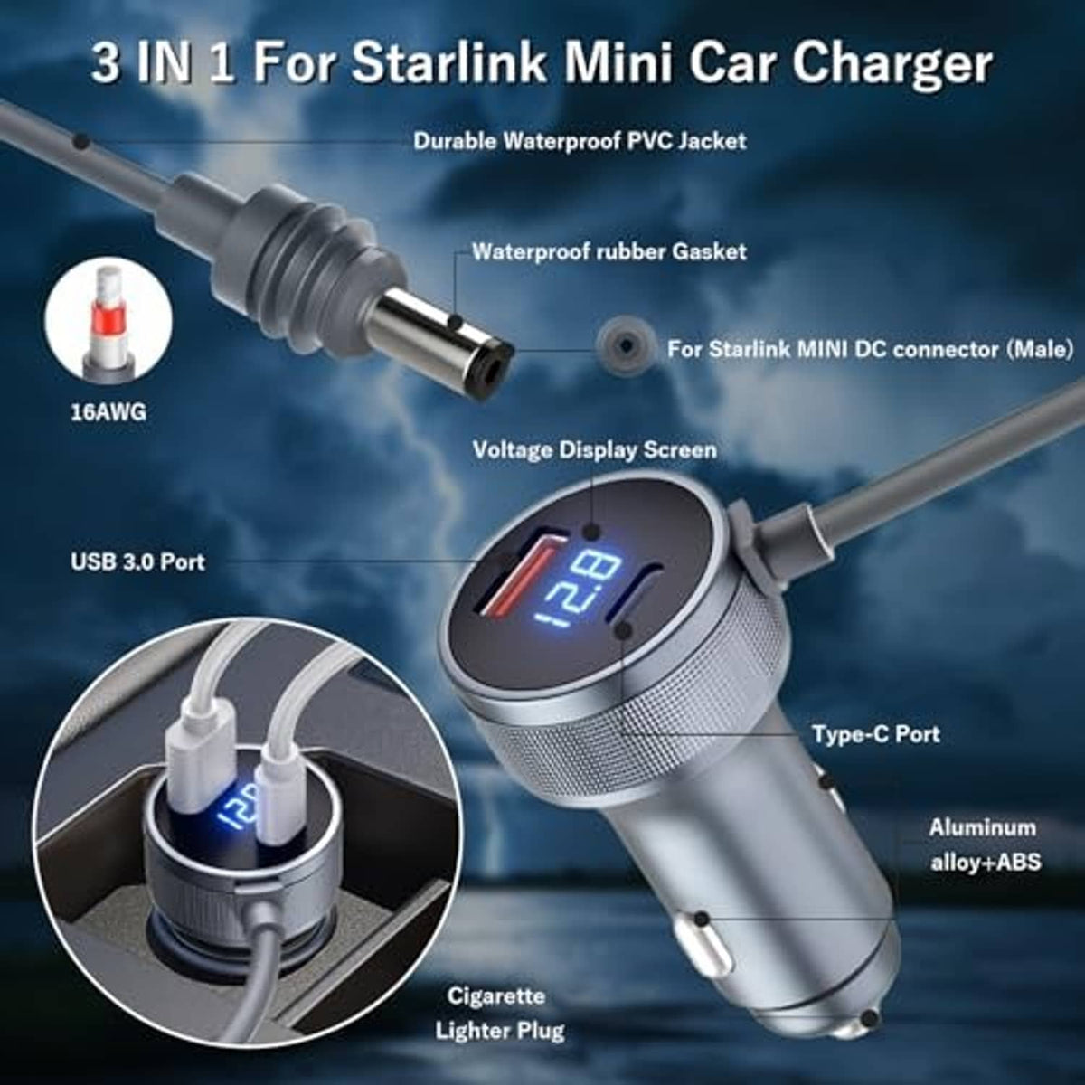 3-in-1 car charger with voltage display, Type-C and USB ports, and cigarette lighter plug cable