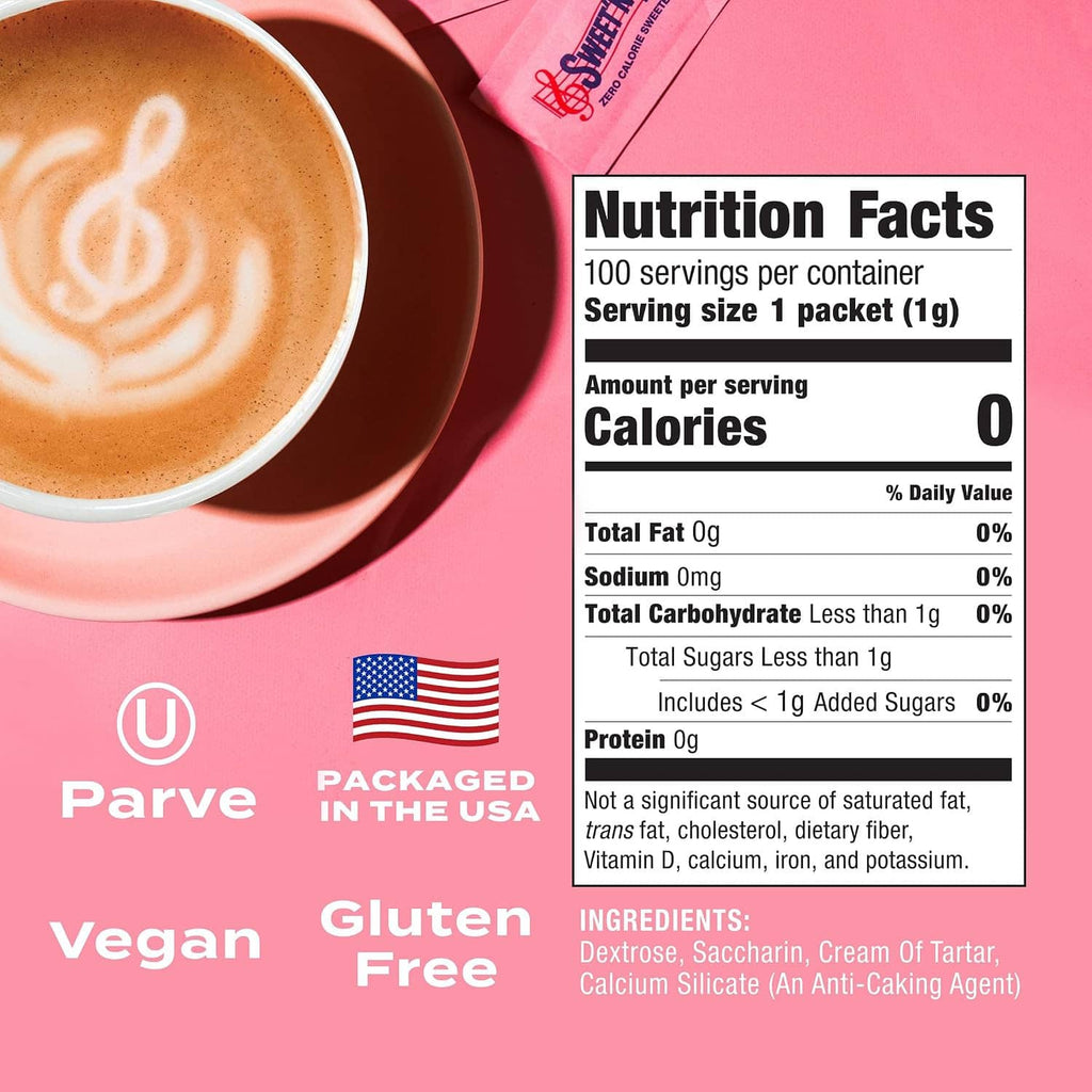 Sweet 'n Low sweetener nutrition facts panel showing 0 calories and 1 g serving