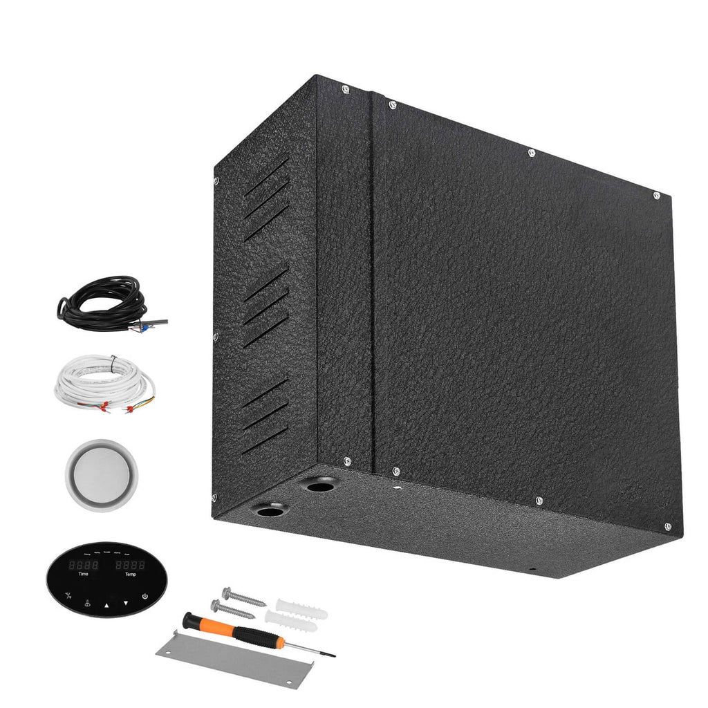Black steam generator kit with controller, temperature sensor, cables, and mounting hardware