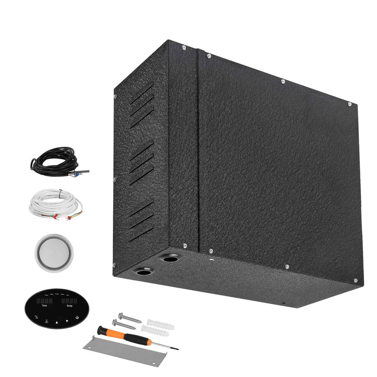 Black steam generator kit with controller, temperature sensor, cables, and mounting hardware