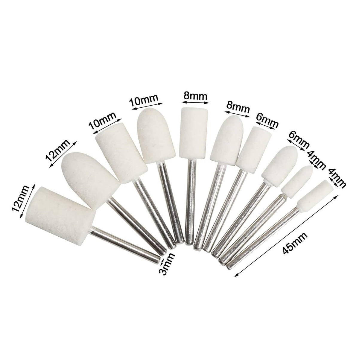 Set of white felt polishing wheels on metal rods, assorted shapes and sizes