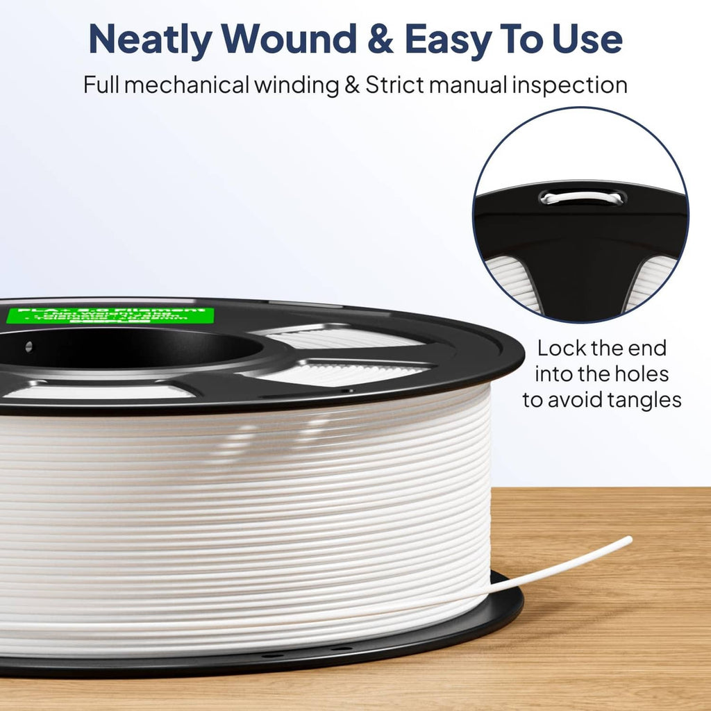 White PLA+ filament spool with neatly wound layers and loose end