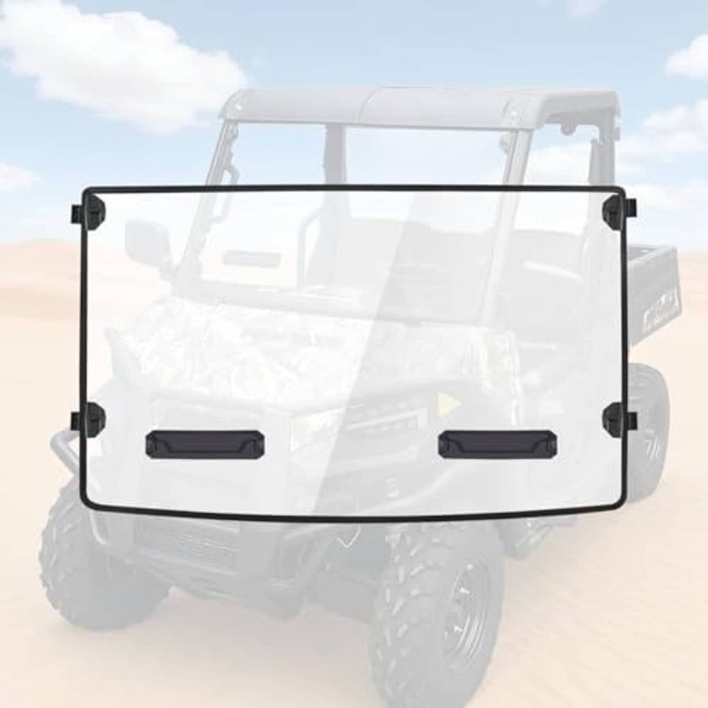 Clear front windshield with black frame and two rectangular vent openings