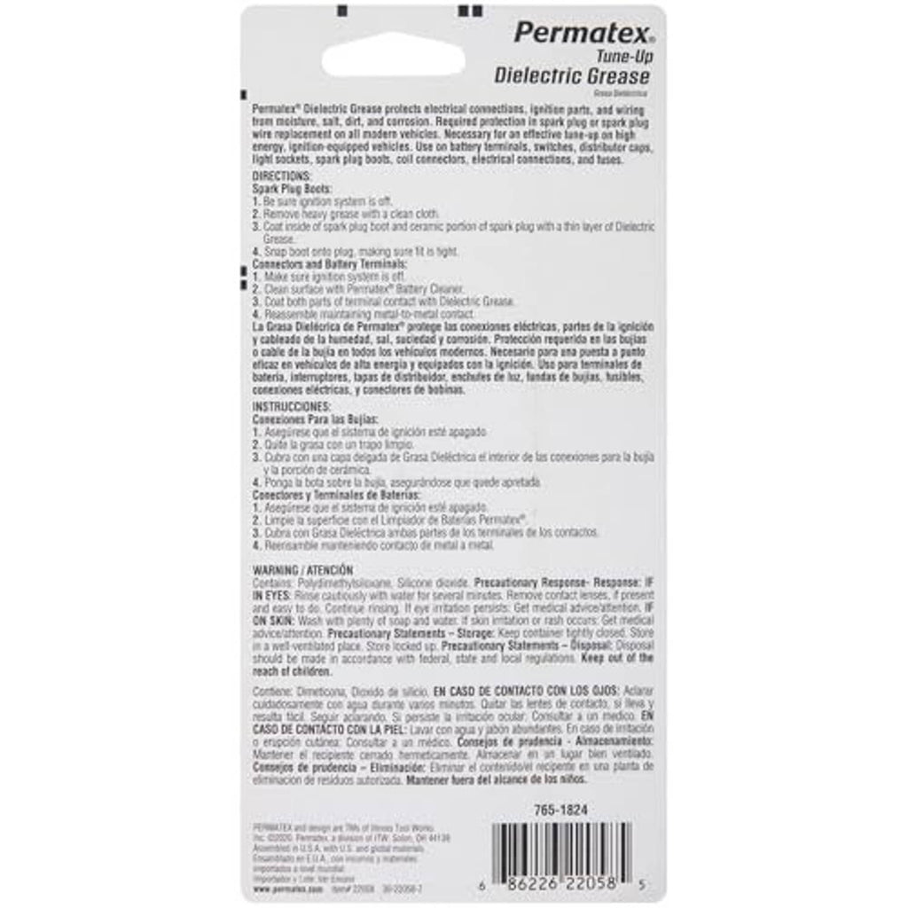 Permatex Dielectric Grease package back with product directions and warnings text