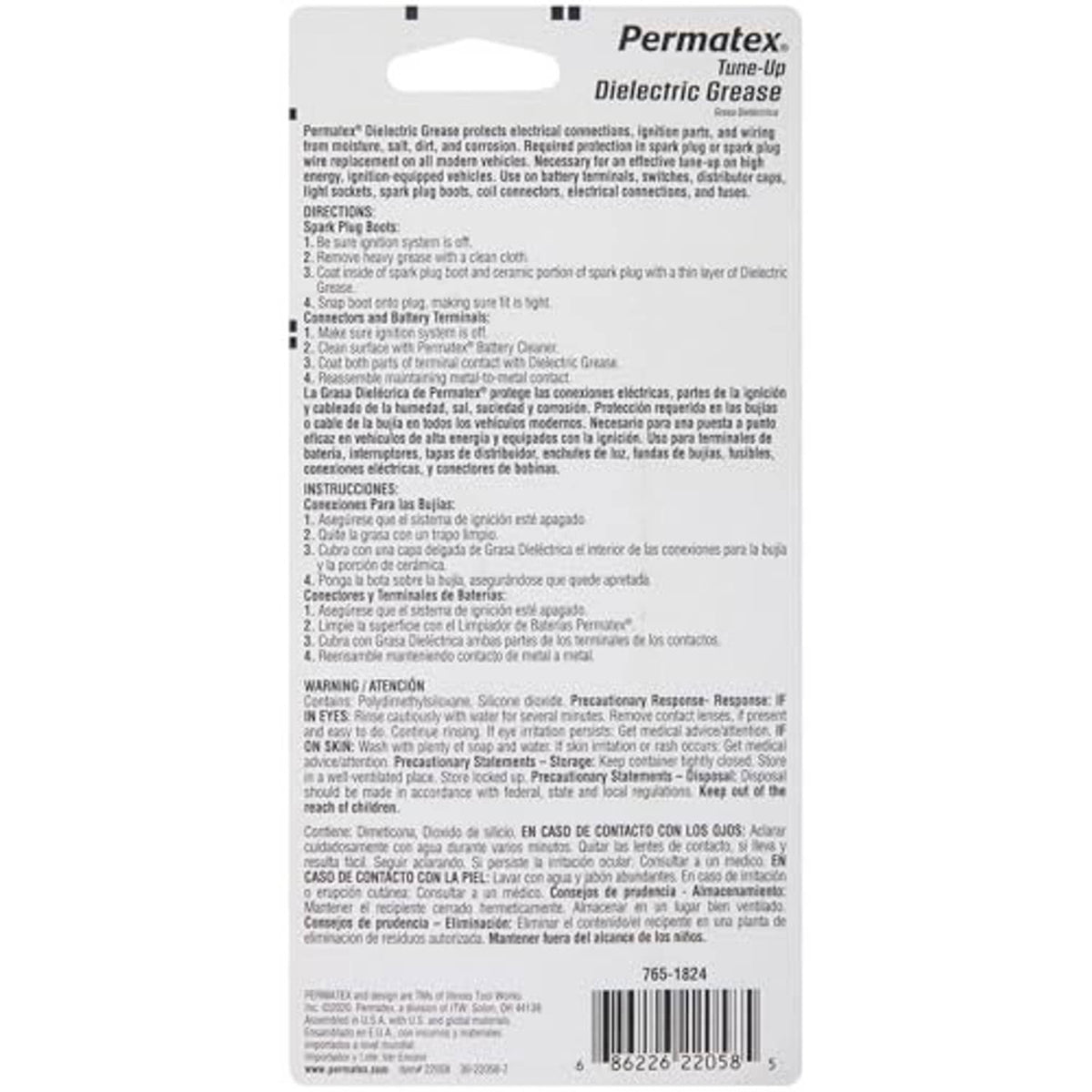 Permatex Dielectric Grease package back with product directions and warnings text