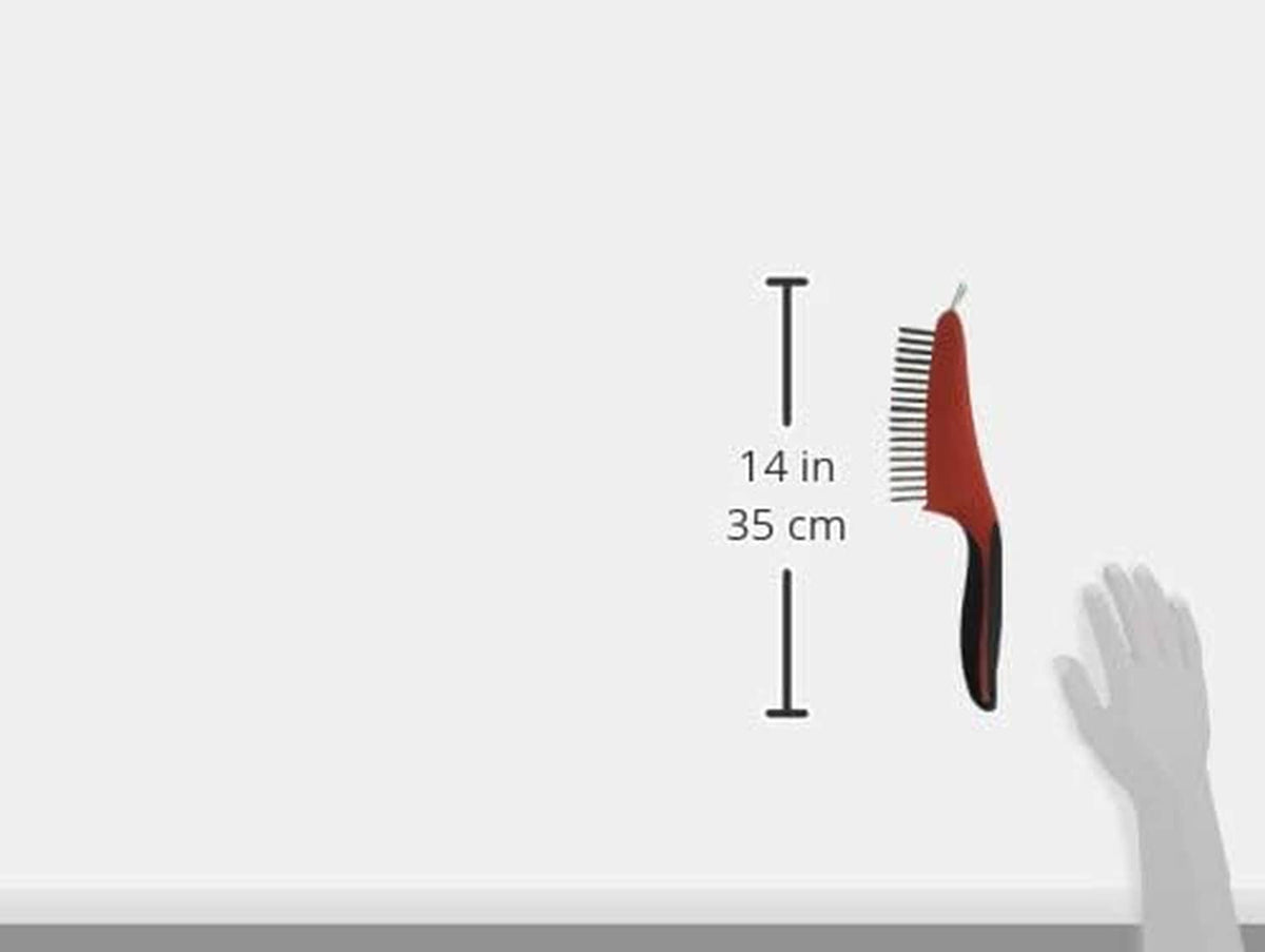 Red wire brush with stainless bristles and black handle, height shown (35 cm)