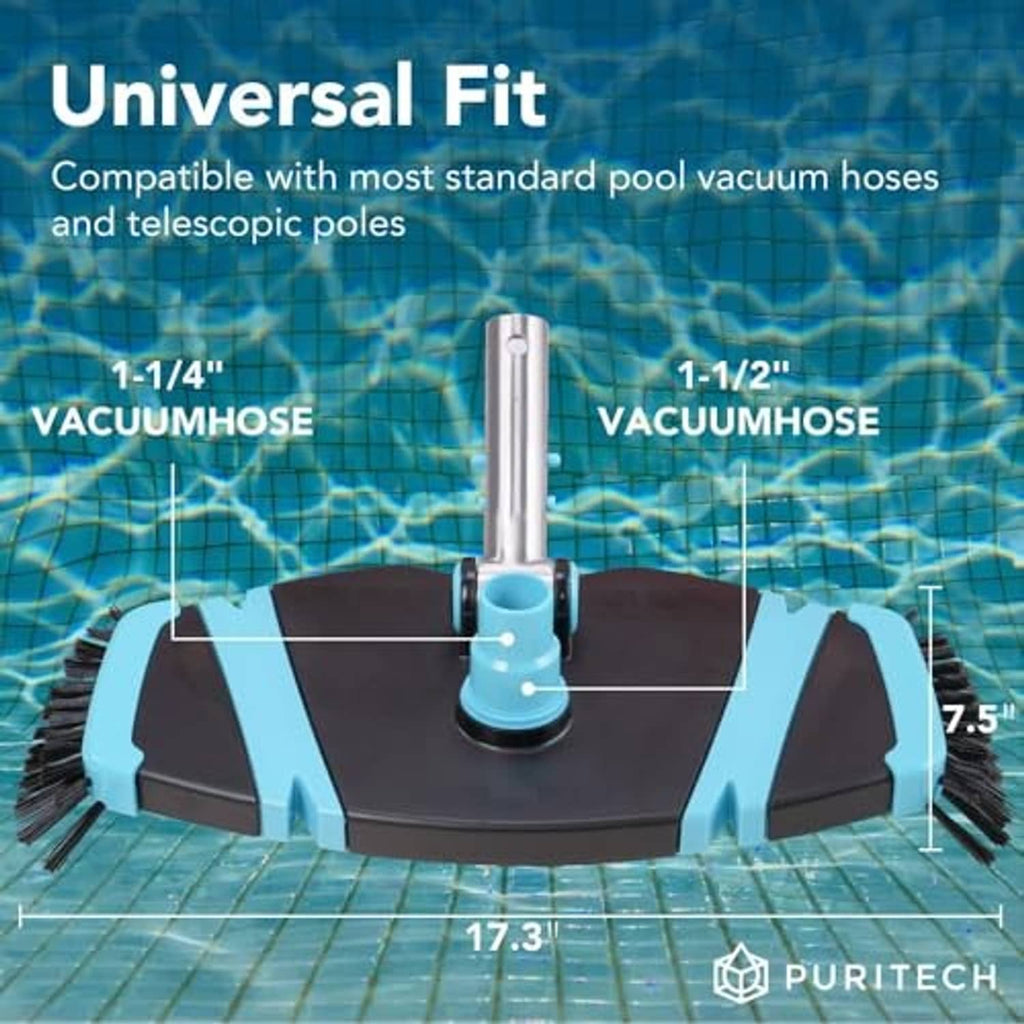 Rectangular pool vacuum head with central hose adapter and side brushes, black-and-blue