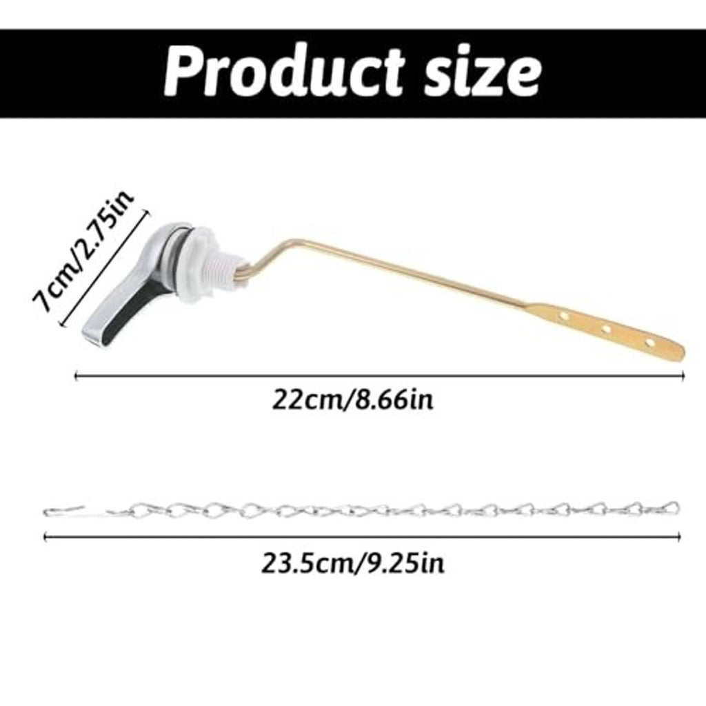 Toilet flush lever kit with white handle, brass arm, and metal chain