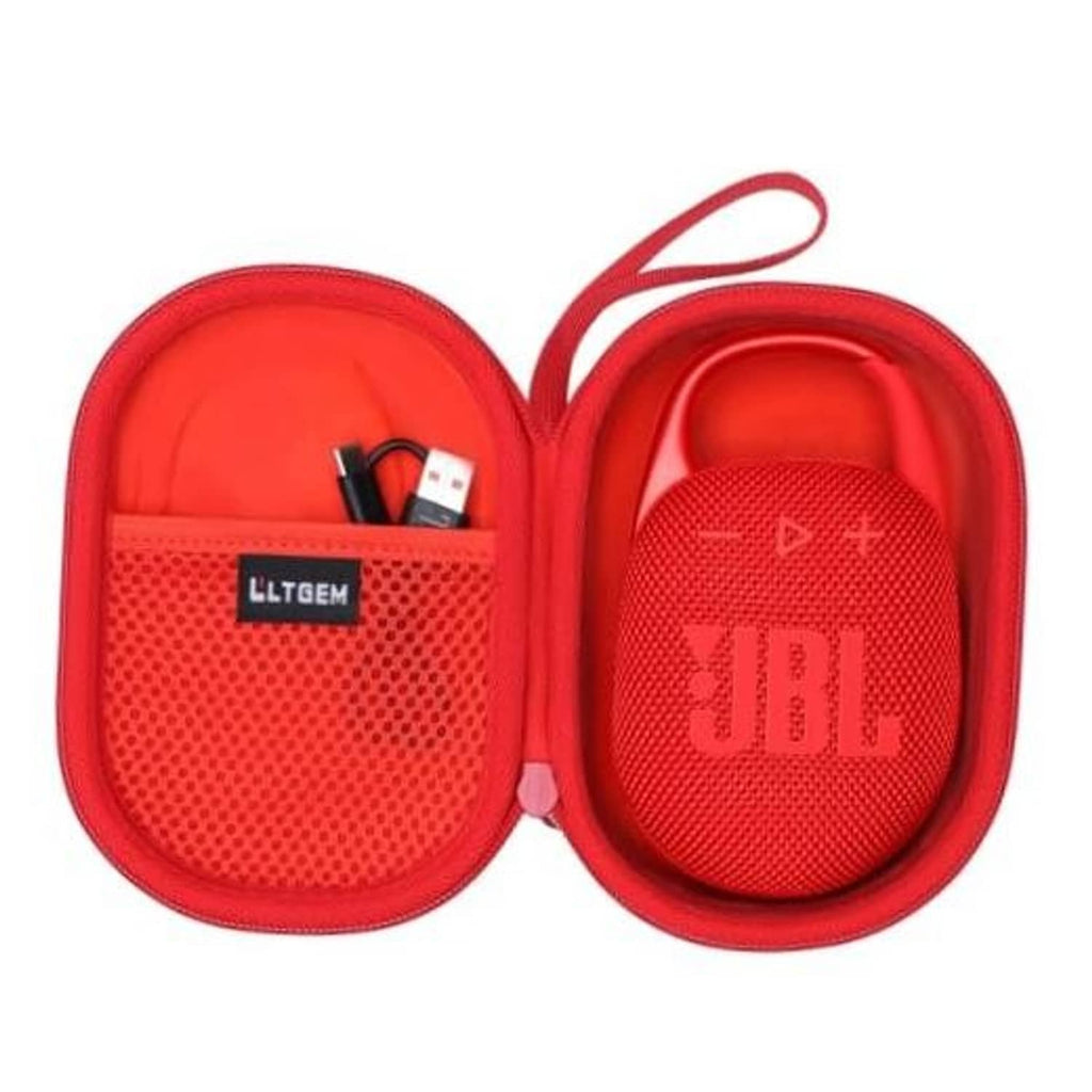 Red JBL Clip speaker case, open halves with mesh pocket and zip carry loop