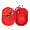 Red JBL Clip speaker case, open halves with mesh pocket and zip carry loop