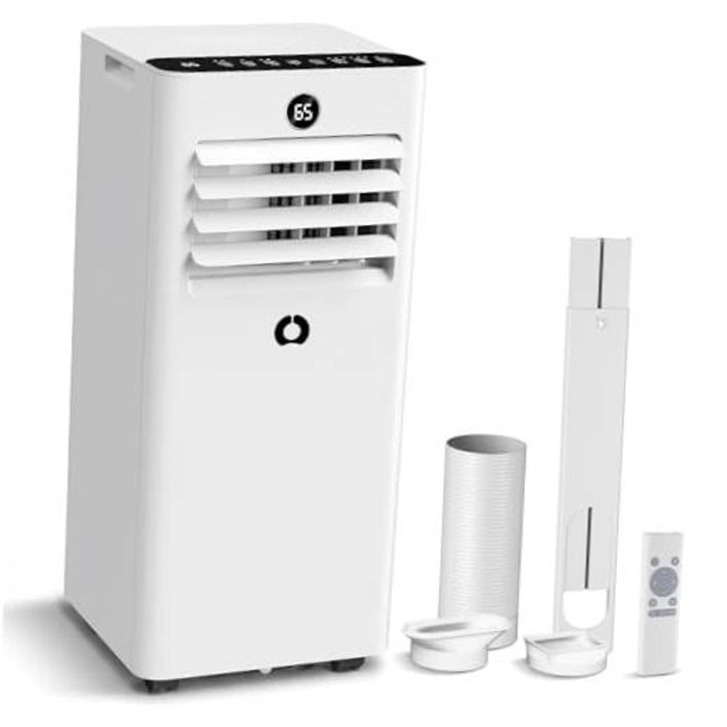 White portable air conditioner with exhaust hose and window kit pieces, standing upright