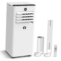 White portable air conditioner with exhaust hose and window kit pieces, standing upright