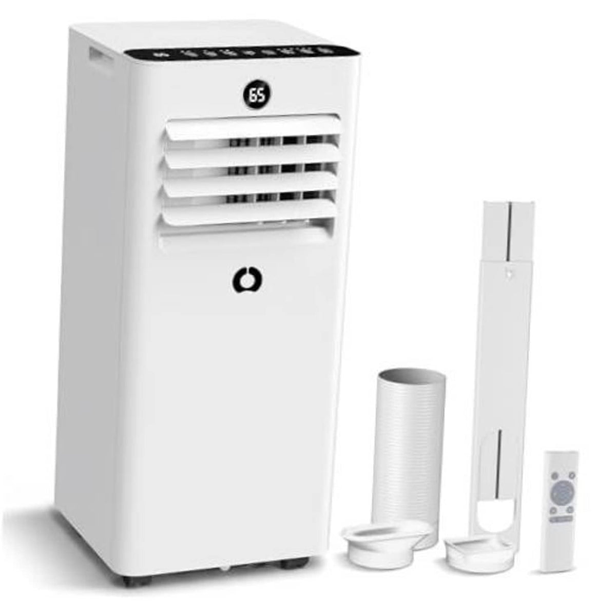 White portable air conditioner with exhaust hose and window kit pieces, standing upright