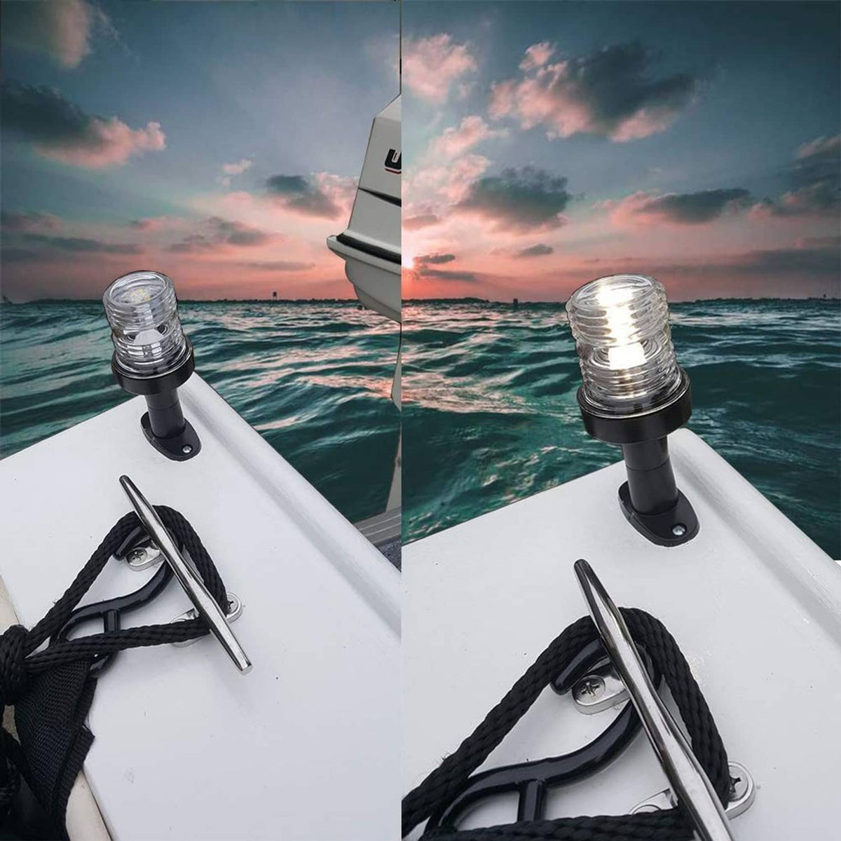 Marine LED navigation light mounted on a boat rail with clear lens and black base