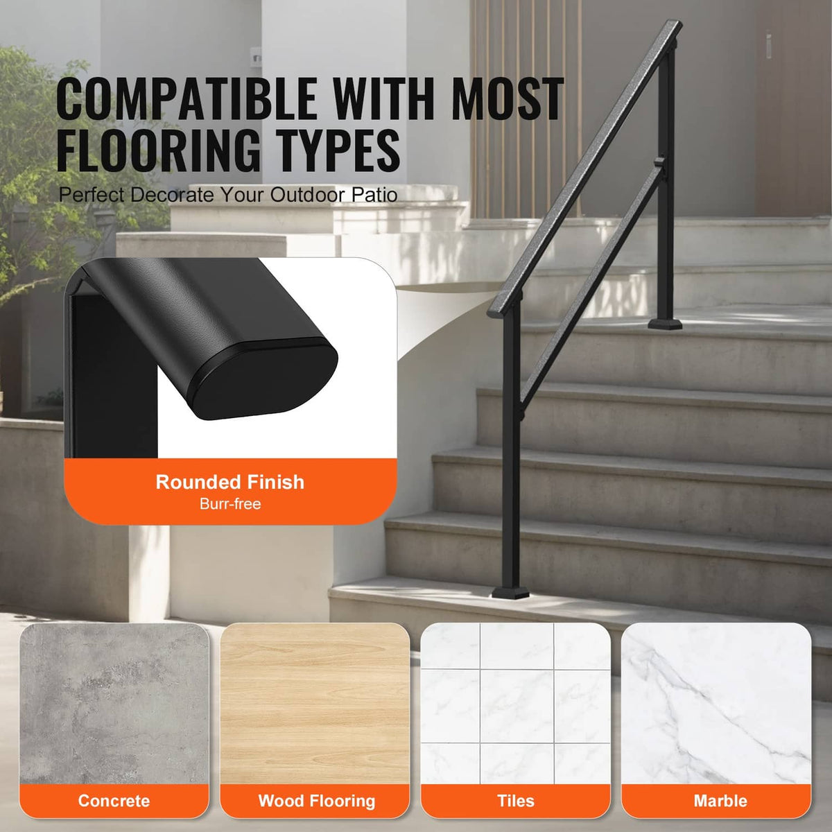 Black carbon steel stair handrail with rounded bar grip and two side posts